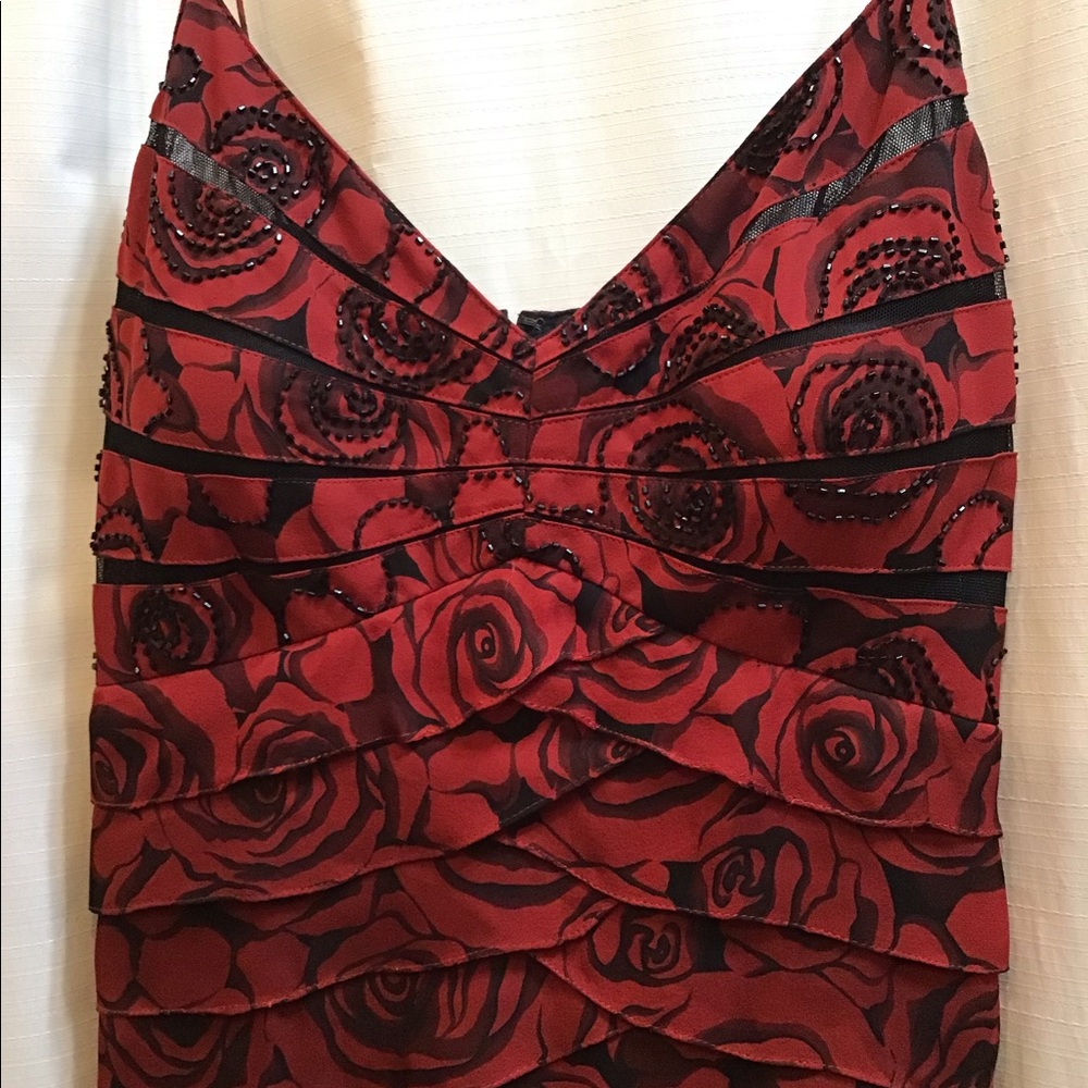 ♥️Chetta B Red/Black Rose Print Silk Dress Size 4 #2153 - Picture 4 of 7